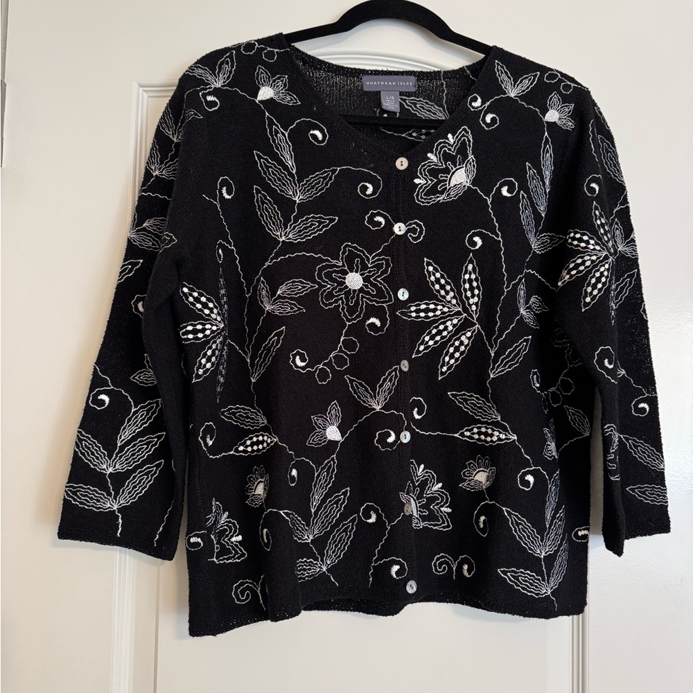 Northern Isles Black Cardigan with White Embroidery
